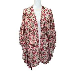 Umgee USA pink/green floral kimono top, ruffle, flowy, eclectic, bright, wacky